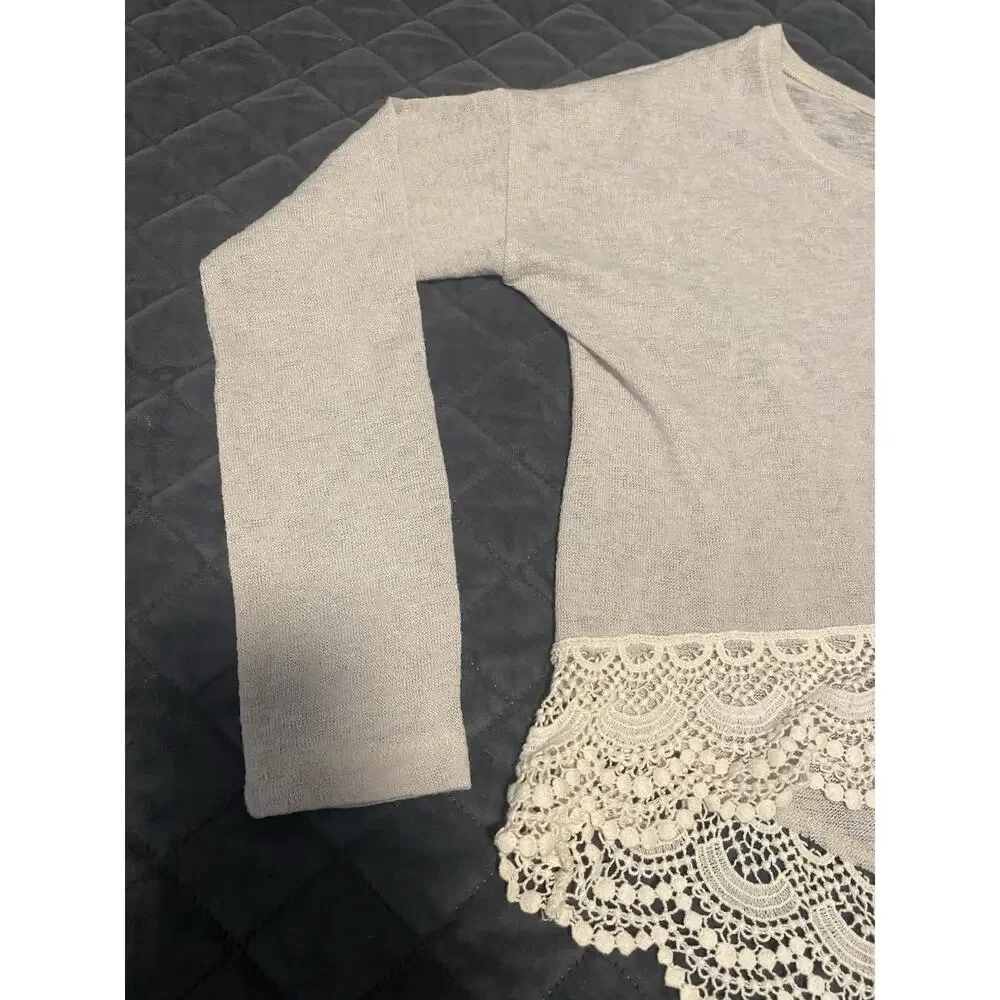 Y2K Abercrombie & Fitch W Oatmeal Long Slv Crochet Lace Hem Boho Cottagecore S